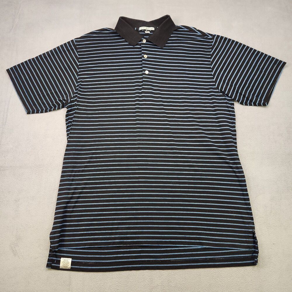 Peter Millar Polo Shirt Men's L Black Blue Striped Short Sleeve Golf Stretch